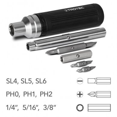 Akumuliatorinis suktuvas-gręžtuvas Trotec PSCS 11-3.6V ir antgalių su atsuktuvu Trotec 9in1 rinkinys 17