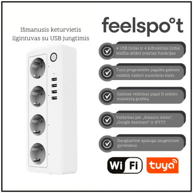 Išmanusis keturvietis ilgintuvas su USB jungtimis Feelspot FS-ST03WE WiFi, Tuya