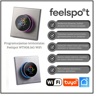 Programuojamas termostatas Feelspot WTH08.16G WiFi, pilkas, Tuya, Smart Life