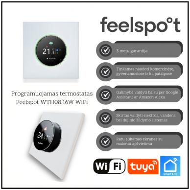 Programuojamas termostatas Feelspot WTH08.16W WiFi, baltas, Tuya, Smart Life